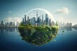 © Margarita Ratatosk - Floating island with modern city skyline and green nature. Earth Day, World Environment Day concept. Sustainable urban development and eco friendly future
