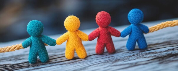 Poster - Colorful handmade figures holding hands and showing unity and teamwork