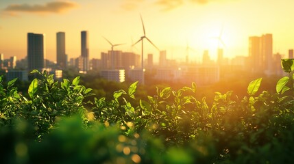 wind turbines in the foreground of city skyline. green panorama of renewable energy technology in a 