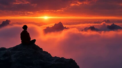 Wall Mural - solitude at sunrise: a solitary figure silhouetted against a fiery sunrise, perched atop a rocky pea