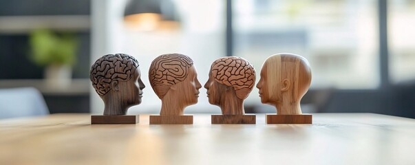 Poster - Four wooden head busts with exposed brains facing each other