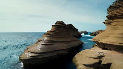 Wall Mural - layered rocky cliffs, sculpted by natural erosion, rising from tranquil blue waters, highlighting dr