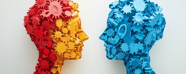 Poster - Two human heads facing each other made of mechanical gears