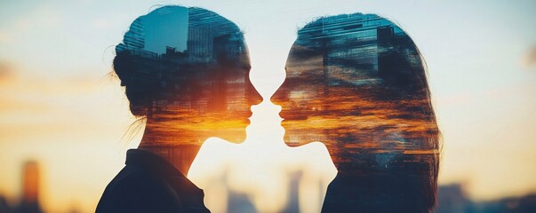 Poster - Two businesswomen sharing cityscape vision double exposure sunset background