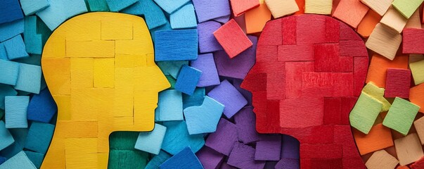 Poster - Two human head silhouettes facing each other made of colorful blocks