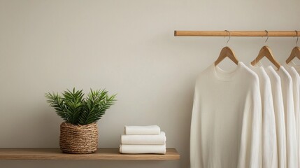 Wall Mural - Cozy White Sweaters Hanging with Green Plant and Towels on Shelf