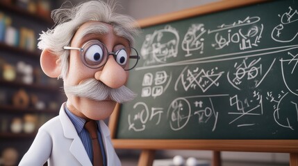 Poster - Cartoon Scientist with Chalkboard and Complex Equations in Classroom