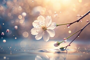 Wall Mural - Serene Blossom Reflecting in Still Water, Illuminated by Golden Sunlight, Dew Drops Adorning Petals and Branches