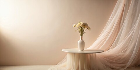 Wall Mural - Elegant floral arrangement in a minimalist vase on a draped table against a neutral backdrop