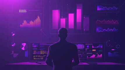 Poster - Businessman analyzing graphs and charts on computer screens