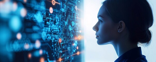 Leinwandbilder - Businesswoman looking at futuristic hologram interface displaying big data information