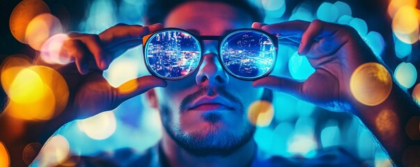 Poster - Man using augmented reality glasses showing cityscape at night