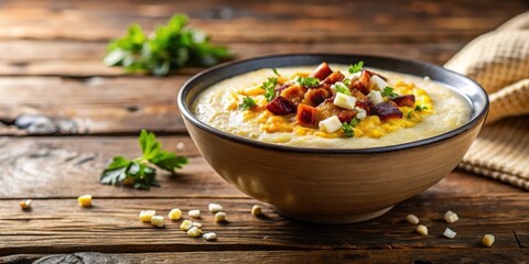 Wall Mural - Creamy Corn Chowder with Crispy Bacon and Cheese, a Rustic Autumnal Dish Served in a Warm Brown Bowl on a Wooden Table