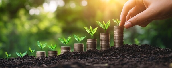 Poster - Hand putting coin on stack with plant growing on top for business growth and saving money concepts