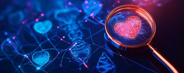 Aufkleber - Magnifying glass exploring glowing network of hearts on digital interface