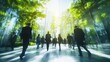 © nicole - The concept of sustainability in business centers, crowds of business people walking at a corporate office in a green city downtown, abstract motion blur image with blurred background