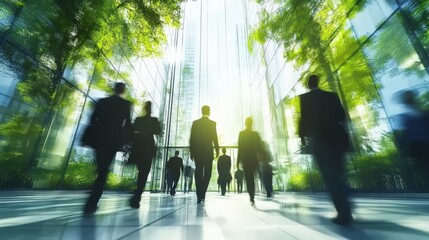 The concept of sustainability in business centers, crowds of business people walking at a corporate office in a green city downtown, abstract motion blur image with blurred background