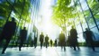 © nicole - The concept of sustainability in business centers, crowds of business people walking at a corporate office in a green city downtown, abstract motion blur image with blurred background