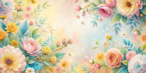 Wall Mural - A vibrant watercolor-style floral arrangement featuring delicate roses, peonies, and other blossoms, creating a romantic and elegant ambiance.