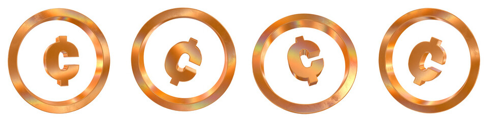 Poster - Set of 4 3d cent coin outline shapes with golden and rainbow effects isolated on a transparent background. 3d elements for graphic design.