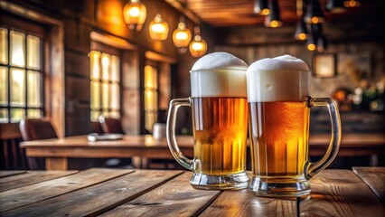 Two glasses of beer with thick foam on top, placed on a wooden table in a cozy pub setting , brewery, bar room,  brewery