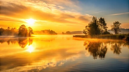 Wall Mural - Golden hues of sunrise illuminate serene lake landscape with gentle ripples and misty atmosphere at dawn, hues, sunrise, hues