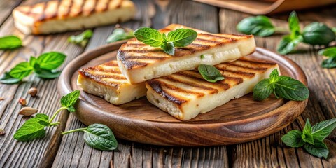 Wall Mural - Grilled cheese slices with fresh mint garnish on wooden plate