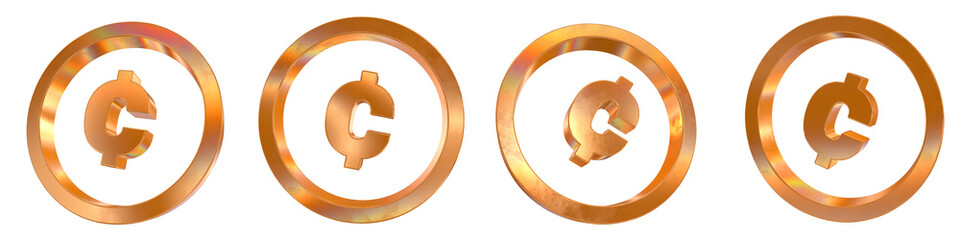 Poster - Set of 4 3d cent coin outline shapes with golden and rainbow effects isolated on a transparent background. 3d elements for graphic design.