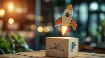 Leinwandbilder - Wooden rocket launching from wooden block with business icon on table