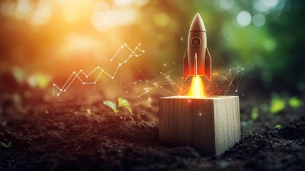Leinwandbilder - Model rocket launching from wooden platform symbolizing business growth