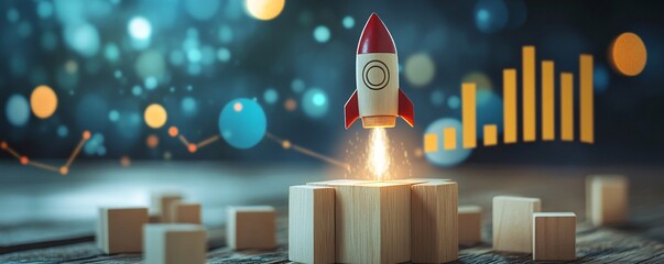 Leinwandbilder - Toy rocket launching from wooden blocks with business graph increasing
