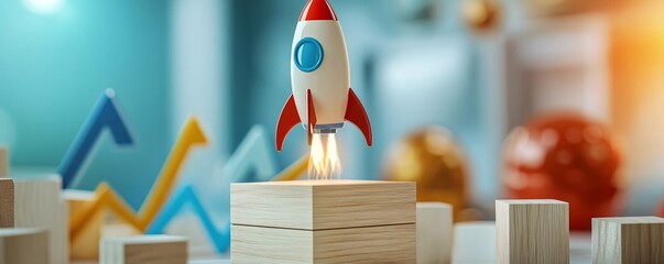 Leinwandbilder - Rocket launching from wooden blocks with growth chart in background