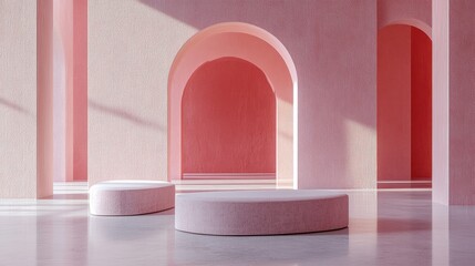 Wall Mural - Pink arches, display podiums, sunlit room, interior design mockup