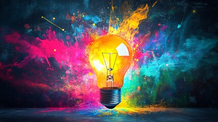 Aufkleber - Light bulb exploding with colorful paint concept of creativity
