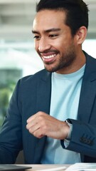Poster - Documents, laptop and proposal with business man at desk in office for feedback or review. Information, paper and reading with happy employee in workplace for email communication on computer