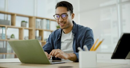 Aufkleber - Laptop, smile and celebration of businessman at desk with glasses, success or professional achievement. Office, winning or happy man with positive online feedback, creative review or website report
