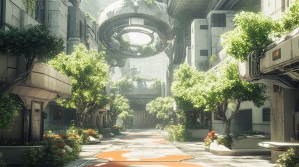 Wall Mural - Futuristic city alley, overgrown, sunlight, nature, game background