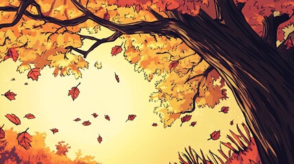 Poster - Autumn leaves falling from tree with yellow sky background