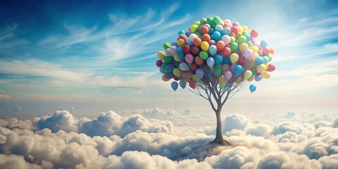 Wall Mural - A whimsical tree adorned with numerous colorful balloons, gracefully floating above a serene expanse of clouds under a vibrant sky