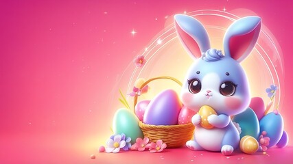 Poster - A vibrant, high-definition, 3D of an adorable chibi bunny easter day background.