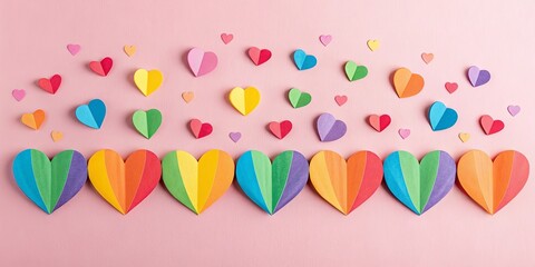 Poster - A row of rainbow hearts are lined up on a pink background