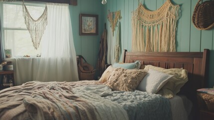 Sticker - A cozy bohemian bedroom with mint green walls, woven decor, and natural textures.