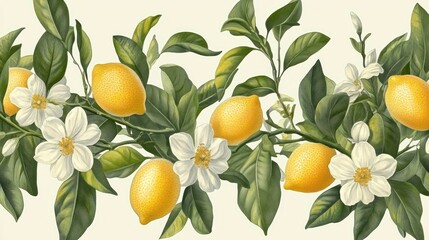 Wall Mural - Lemon tree branch border, blossoms, fruit, design, seamless, background, illustration, pattern, textile