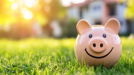 Poster - Pink piggy bank is standing on green grass on sunny day