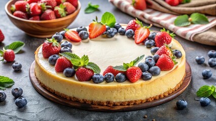 Wall Mural - Creamy cheesecake ingredients arranged on a kitchen table, with a graham cracker crust and fresh berries , cake