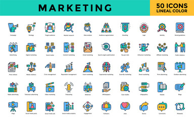 Wall Mural - Marketing icon set with campaign, strategy, target audience, market research, data analysis, audience segmentation, branding, logo, identity, brand guidelines icon. Simple lineal color vector 
