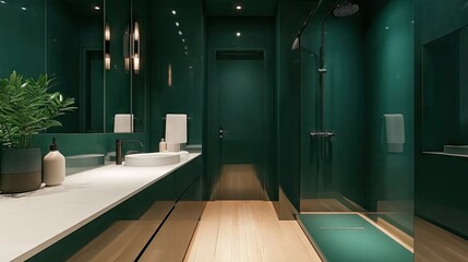 Sticker - A minimalist dark green bathroom with a walk-in shower, white countertops, and wooden flooring.