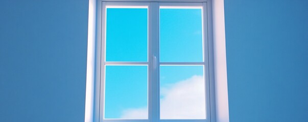 Poster - Closed window overlooking a bright blue sky with clouds