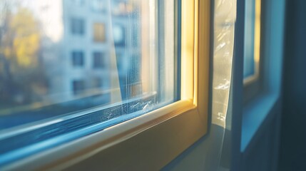 Poster - Sunlight shining through a dirty window onto a curtain
