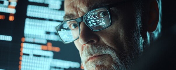 Poster - Senior programmer working late looking at computer code reflecting in glasses